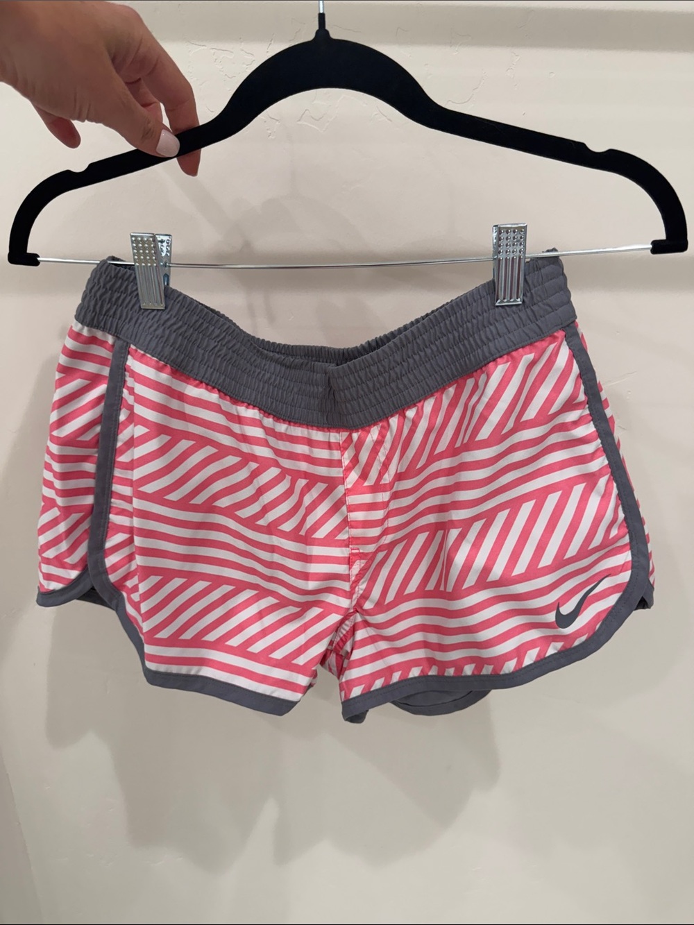 Nike Women’s Pink and White Striped Athletic Shorts with Gray Trim